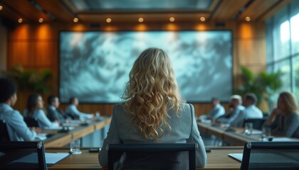 Businesswoman Delivering Presentation in Expansive Meeting Room - obrazy, fototapety, plakaty