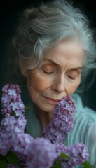 Joyful senior woman enjoying the fragrance of lilacs