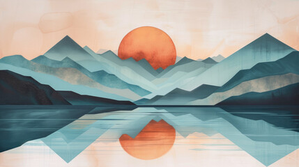 Illustration of a calming sunset over a calm lake, modern monochrome style