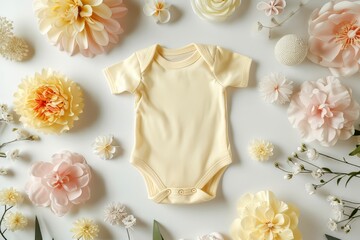 Fototapeta na wymiar Yellow cotton baby short sleeve bodysuit on room decorations background. Gender neutral newborn bodysuit template mock up. 