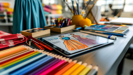 A digital tablet displaying a fashion sketch surrounded by an array of colorful pencils and fabric swatches, showcasing the creative process in fashion design