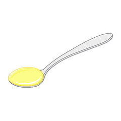 スプーンに盛られた黄色の液体（ハチミツ、シロップ）