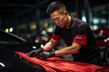 Professional car detailing. man carefully cleans black vehicle using a microfiber cloth