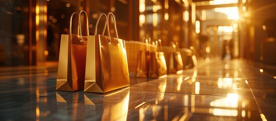 Elegant shopping bags placed on a polished floor, with a warm golden backlight, symbolizing upscale retail and luxury shopping experience