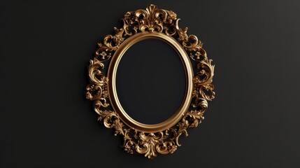 Vintage Gold picture frame on a black background. Classic antique oval golden picture frame 