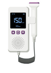 Medical equipment, Doppler Fetal heart ultrasonic detectors, handheld devices, use sound waves to detect the heartbeat of a developing fetus. Flat design © sukan