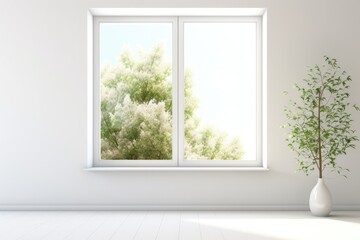 Fototapeta premium White empty room with summer landscape in window. Scandinavian interior design.