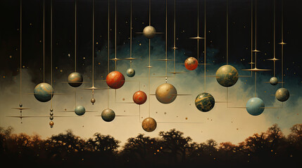 shining, colorful, planets and moons like balls hanging with thin metallic wire 