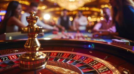 Various people are attracted to the roulette wheel in a casino. The croupier focuses on the table with tokens.