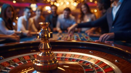 Various people are attracted to the roulette wheel in a casino. The croupier focuses on the table with tokens.