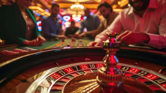 Various people are attracted to the roulette wheel in a casino. The croupier focuses on the table with tokens.