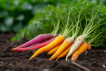 Colorful Harvested Carrots on Soil with Green Foliage