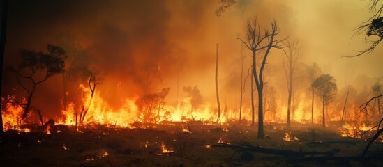 Low Level picture Raging fire burning out of control in a forest, with trees up in flames and silhouetted by the intense blaze, scorching heat
