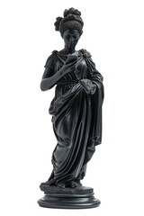 An ancient Greek statue black woman holding phone,Carved from black obsidian. isolated on white background 