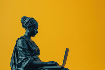 An ancient greek statue of black woman with afro hair working on a laptop in a stylish office. Carved from black obsidian. isolated on background. copy space