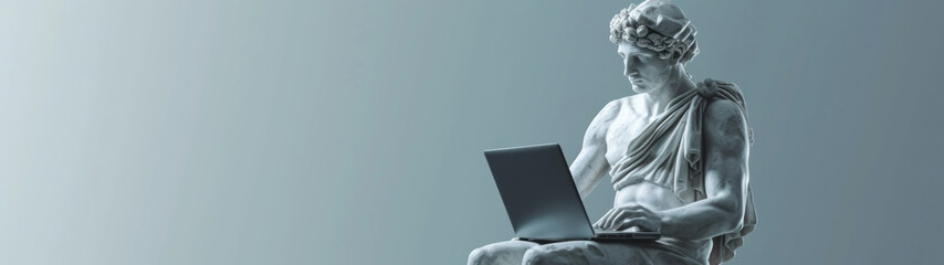 An ancient Greek statue working on a laptop in a stylish office. Carved from white marble. isolated on solid background. copy space