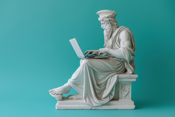 An ancient Greek statue working on a laptop in a stylish office. Carved from white marble. isolated on solid background. copy space