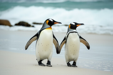 Two penguins with distinct orange markings, walking side by side on a sandy beach with gentle waves breaking along the shoreline