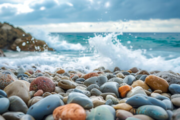 Pebble Shore with Multicolored Stones and Crashing Waves