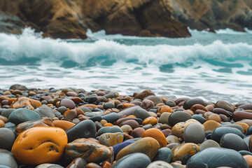 Pebble Shore with Multicolored Stones and Crashing Waves