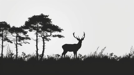 Deer in the savanna, black monochrome illustration, AI generated Image
