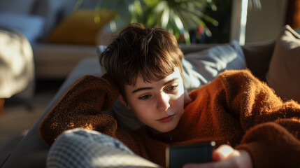 Obraz premium Photo of a Short-Haired Teenage Girl Lounging on a Sofa, Engaged with her Smartphone in the Warm Sunlit Ambiance of a Cozy Room. Modern Teenage Life