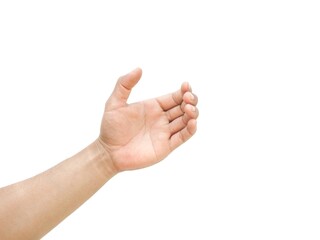 Men's hands making gestures like is holding something such as a phone or a water bottle Isolated on white background.