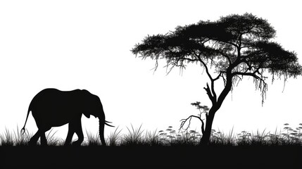 Elephants in the savanna, black monochrome illustration, AI generated Image