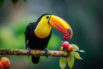 Fototapeta premium Colorful Toucan with Vibrant Chest Holding Berry