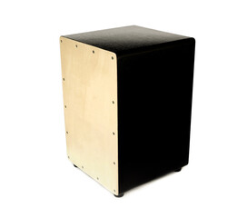Cajon drum, black rectangular box, wood pattern, is a type of musical instrument.  One type of drum...
