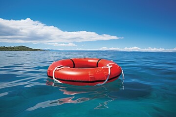 Vibrant orange lifebuoy graciously floating on the boundless turquoise waters of the expansive sea