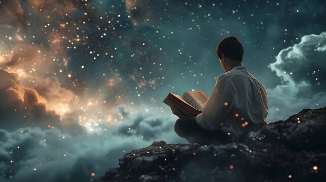 Muslim man reading the Quran at night to get Laylatul Qadr in the month of Ramadan on the top of the mountain