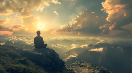 tranquility in meditation or self-contemplation in nature on a mountain peak at sunrise - obrazy, fototapety, plakaty