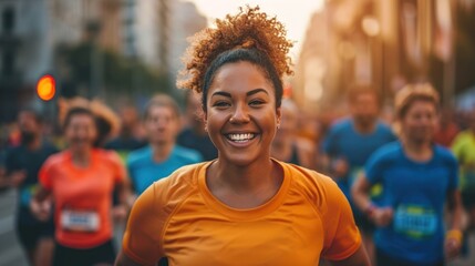 A group of people running a marathon in the city during the day smiling female runner - obrazy, fototapety, plakaty