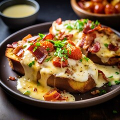 Fototapeta na wymiar Kentucky Hot Brown, open sandwiches with ham, mornay sauce, cheddar cheese, topped with fried slices of bacon and grilled cherry tomatoes on plate on dark wooden table, close-up
