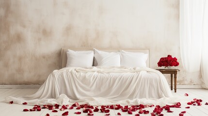 A large bed in a bright room decorated with red roses.