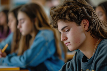 Concentrated teenage students focused on their classwork in school. Education and learning.