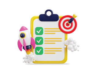 3d clipboard with todo checklist target on aim with rocket for self growth icon illustration