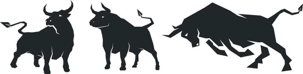 Bull images set. Bull logo designs set, Stylized silhouettes of standing in different poses and butting up bulls. Isolated on white background. Vector illustration for any kind of graphic design. - obrazy, fototapety, plakaty