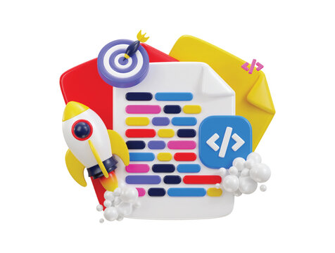 3d programming language with target on web development coding symbol with rocket for programmer growth concept icon illustration