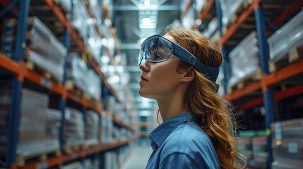 Future Technology Warehouse: A female worker is doing inventory using an augmented reality application on a tablet.