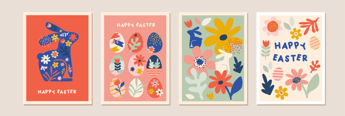 Happy Easter, decorated geometric style Easter card set. Bunnies, Easter eggs, flowers and basket in modern bold minimalist style. Abstract flowers, bunnies and eggs. - 727647336