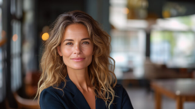 Happy cheerful 45 year old professional mid aged business woman corporate leader, smiling positive mature female executive manager standing in office arms crossed looking at camera, portrait.