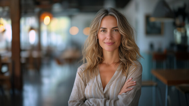 Happy cheerful 45 year old professional mid aged business woman corporate leader, smiling positive mature female executive manager standing in office arms crossed looking at camera, portrait.