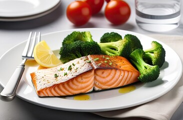 Baked fillet of red fish with lemon and broccoli lies on a plate, blurred background with cherry tomatoes and a glass of water, closeup, topview