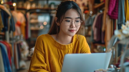 Young Asian woman uses laptop computer to take notes about her fashion project.