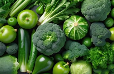 A lot of green different vegetables and fruits are lying on a dark surface, topview, banner