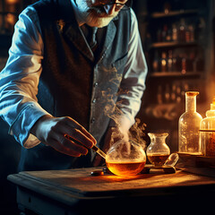 A close-up of a scientist pouring liquid into a flask.