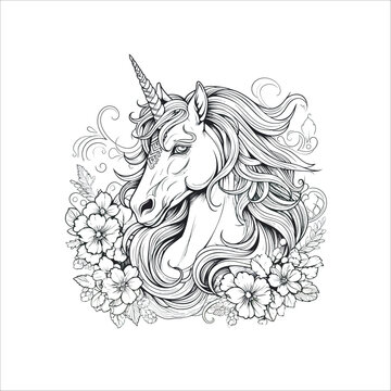 Cute unicorn with flowers. Amazing outline for coloring book