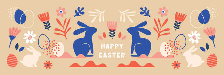 Boho Easter concept design, bunnies, eggs, flowers and rainbows in pastel and terracotta colors, flat banner vector illustrations.